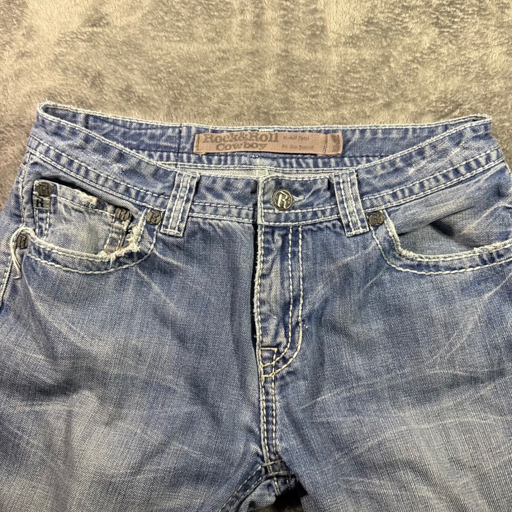 Rock and Roll Cowboy Pistol Slim Bootcut Jeans Light Wash Blue 34x32 Distressed - Picture 4 of 8